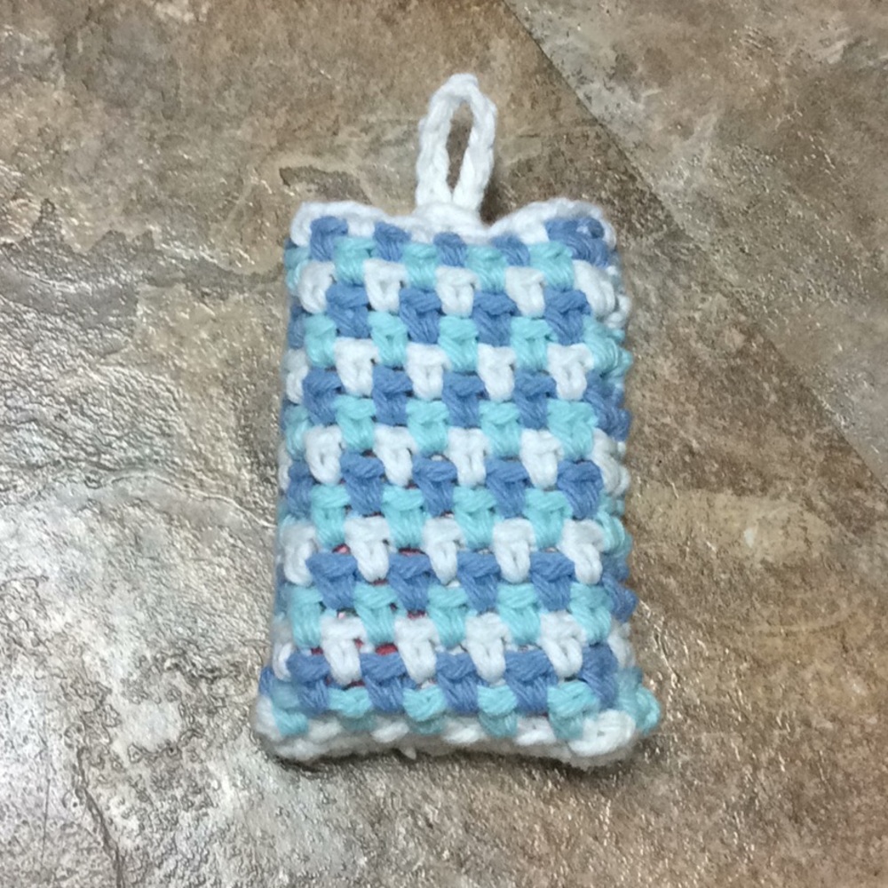 Exfoliating soap saver bag crocheted blue & white